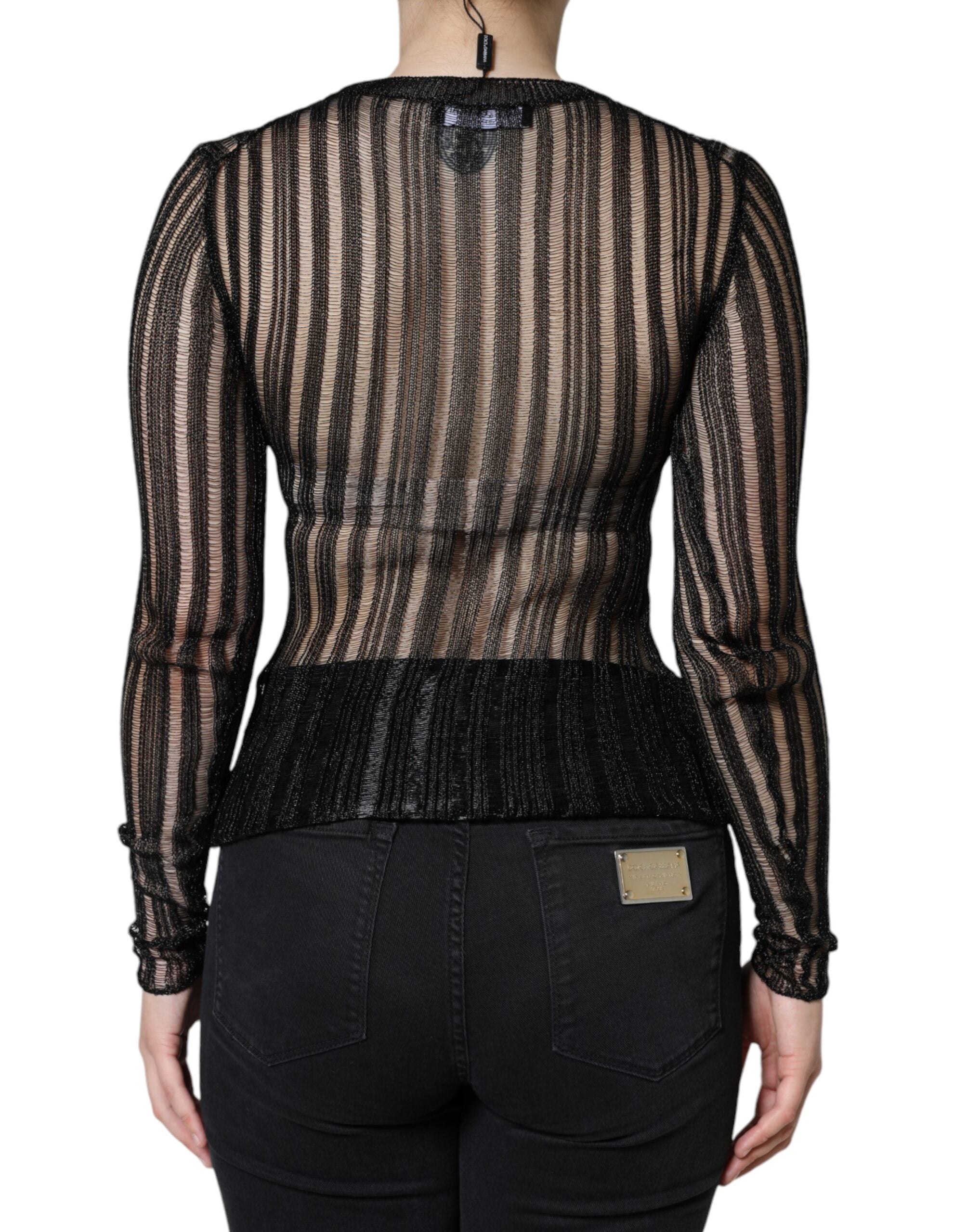 Black see-through long sleeve top with stripe pattern from Dolce & Gabbana, featuring a fitted design and sheer fabric.