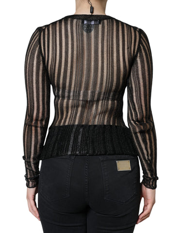 Black see-through long sleeve top with stripe pattern from Dolce & Gabbana, featuring a fitted design and sheer fabric.