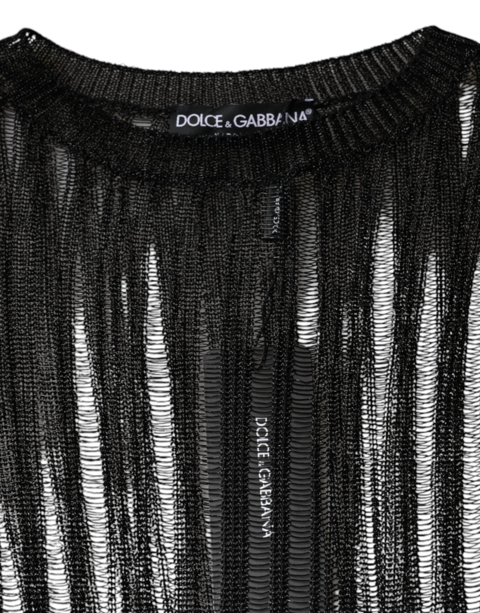 Black see-through long sleeve top with stripe pattern by Dolce & Gabbana, featuring sheer fabric and fitted style.