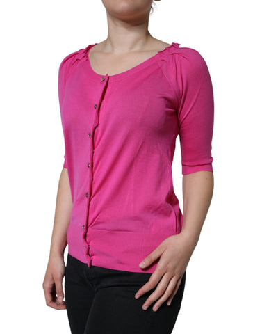 Pink wool button-down short sleeve blouse top by Dolce & Gabbana, featuring a tailored fit and classic collar.
