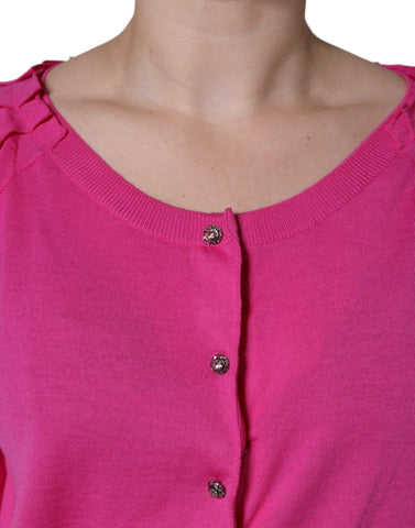 Pink wool button-down short sleeve blouse top by Dolce & Gabbana, featuring a classic collar and button details.