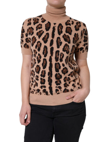 Beige leopard print wool turtleneck top by Dolce & Gabbana, featuring a cozy fit and stylish animal pattern.