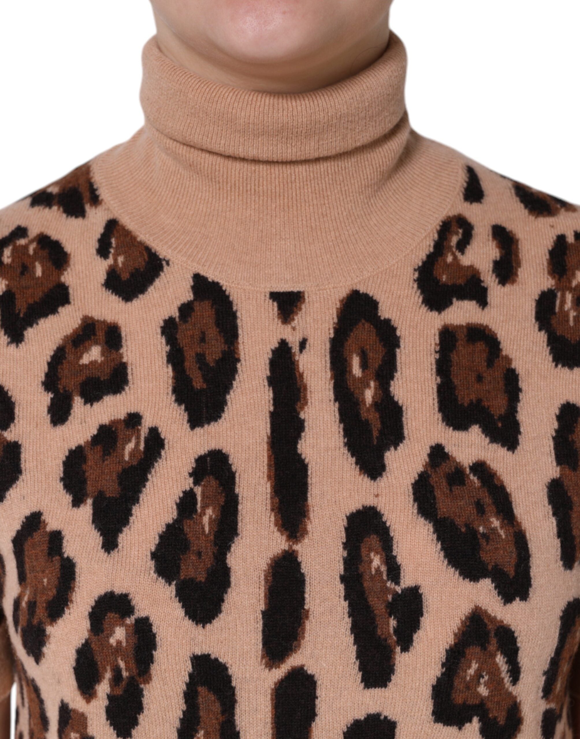 Beige leopard print wool turtleneck top by Dolce & Gabbana, featuring a cozy fit and stylish animal print pattern.