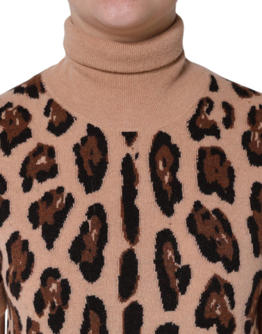 Beige leopard print wool turtleneck top by Dolce & Gabbana, featuring a cozy fit and stylish animal print pattern.