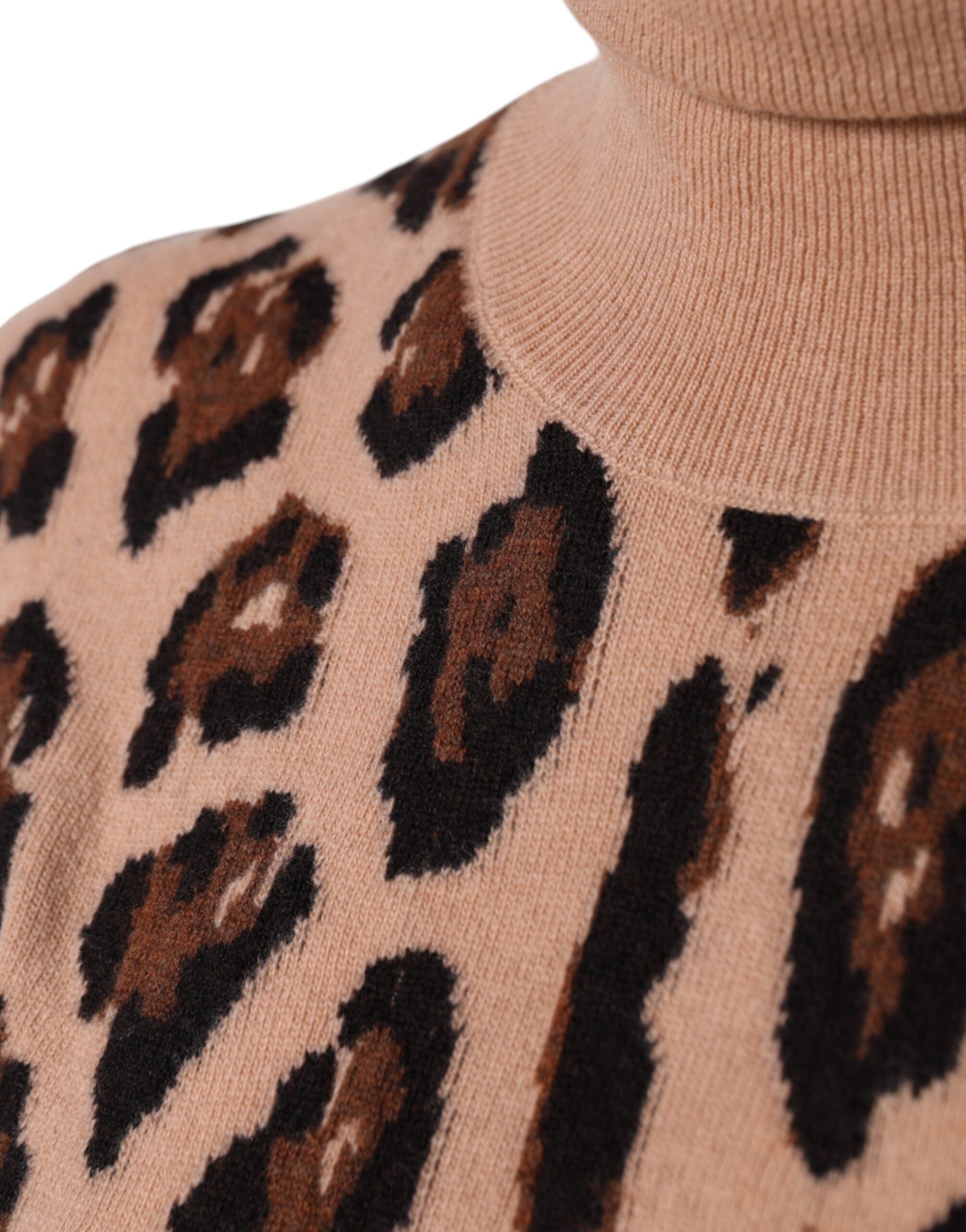 Beige leopard print wool turtleneck top by Dolce & Gabbana, close-up of the stylish, cozy knit fabric and classic design.