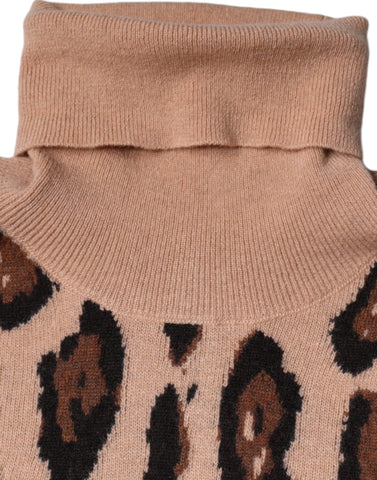 Beige leopard print wool turtleneck top by Dolce & Gabbana, featuring a cozy high-neck style and animal print fabric.