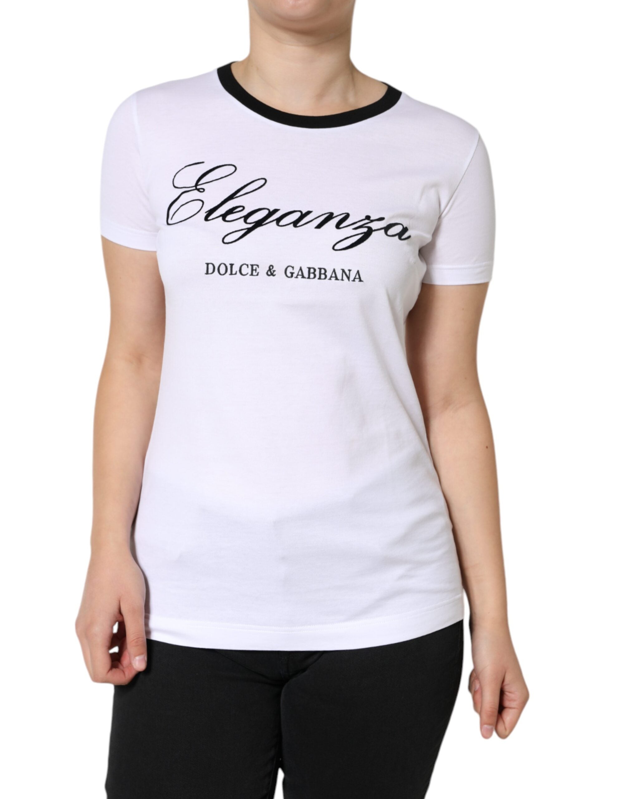 White Dolce & Gabbana Eleganza print cotton short-sleeve T-shirt with colorful design on front.