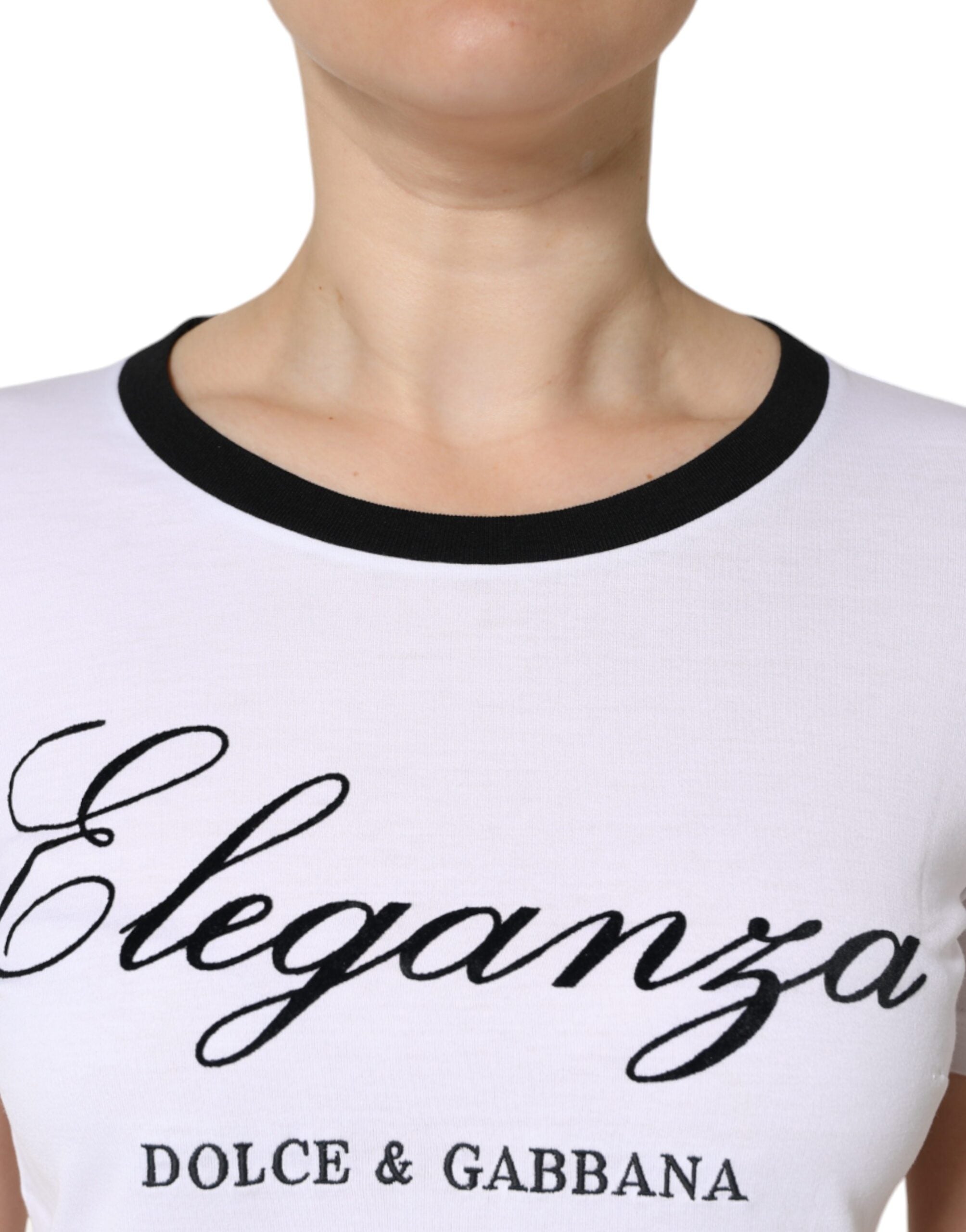White Dolce & Gabbana Eleganza print cotton short sleeve T-shirt with graphic design and crew neckline.