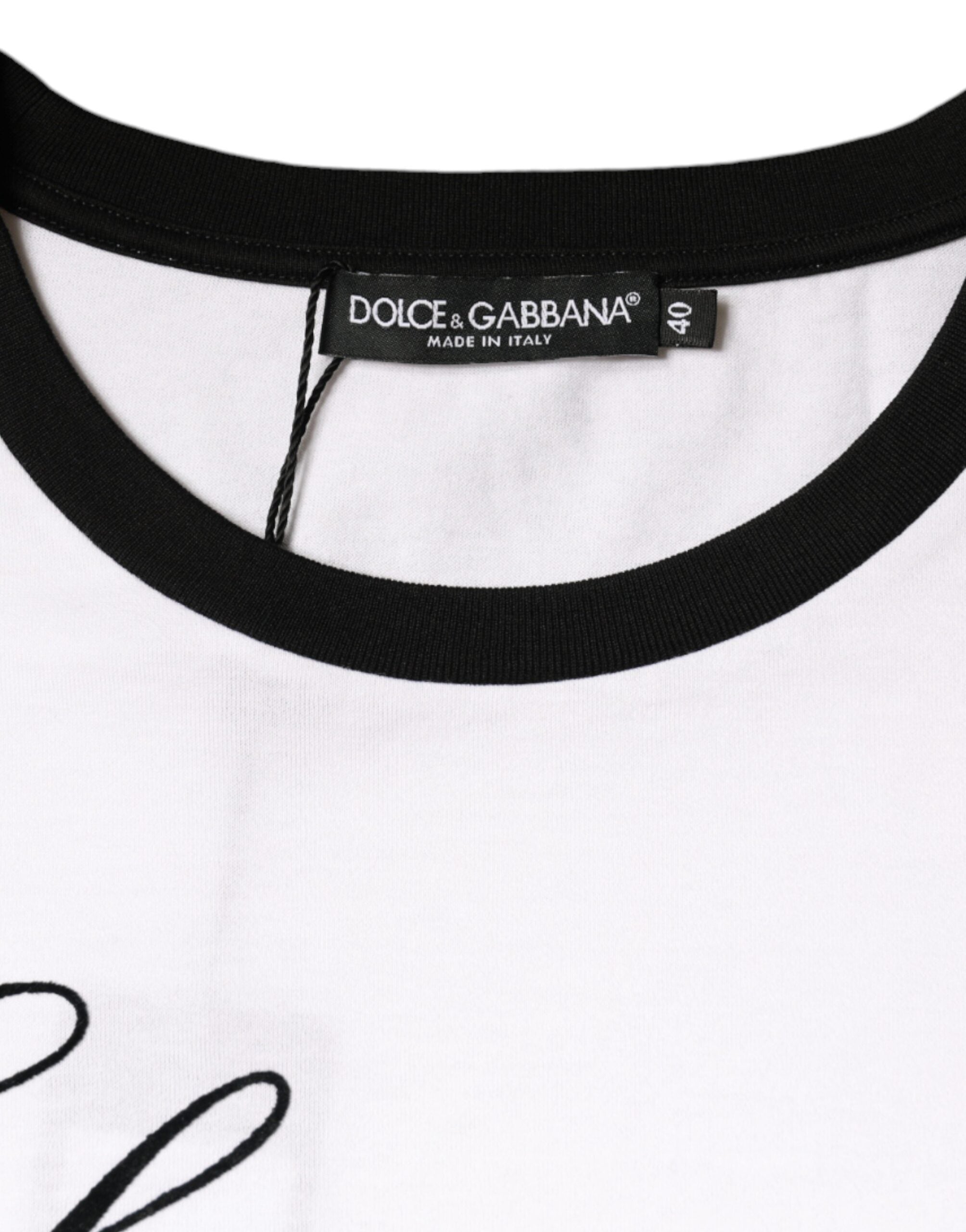 White Eleganza print cotton short sleeve T-shirt by Dolce & Gabbana featuring a stylish design and comfortable fit.
