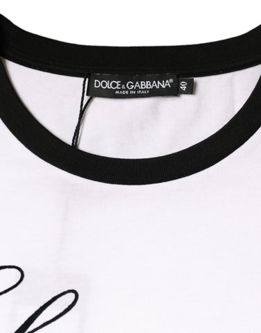 White Eleganza print cotton short sleeve T-shirt by Dolce & Gabbana featuring a stylish design and comfortable fit.