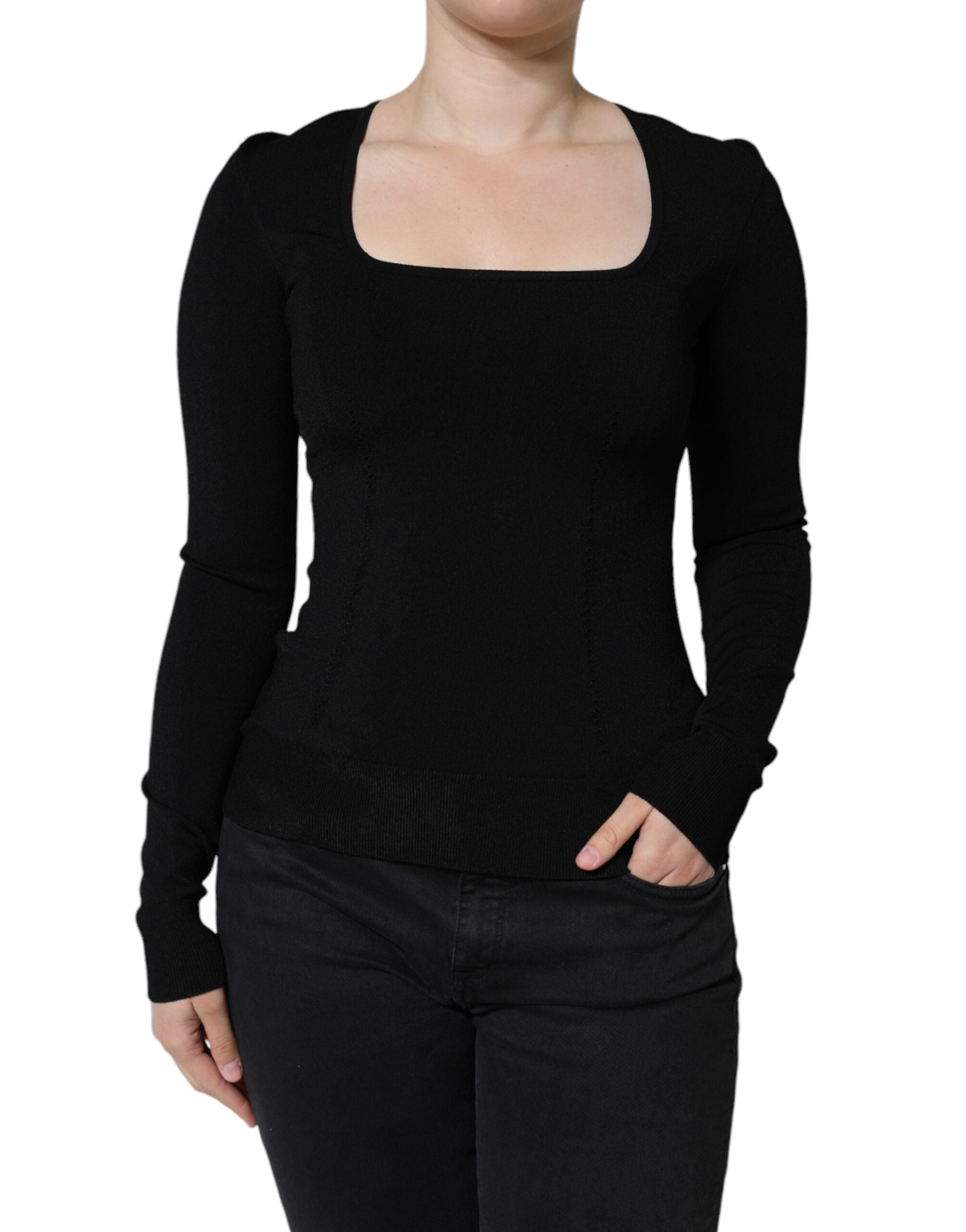 Black long-sleeve blouse with square neckline by Dolce & Gabbana, featuring elegant fabric and stylish design.