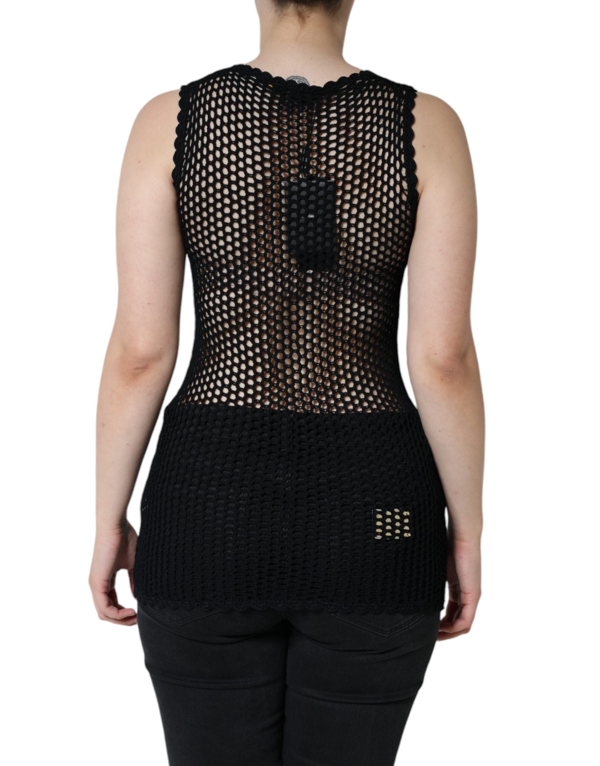 Black mesh sleeveless tank top by Dolce & Gabbana, see-through design with a fitted style, displayed on a mannequin.