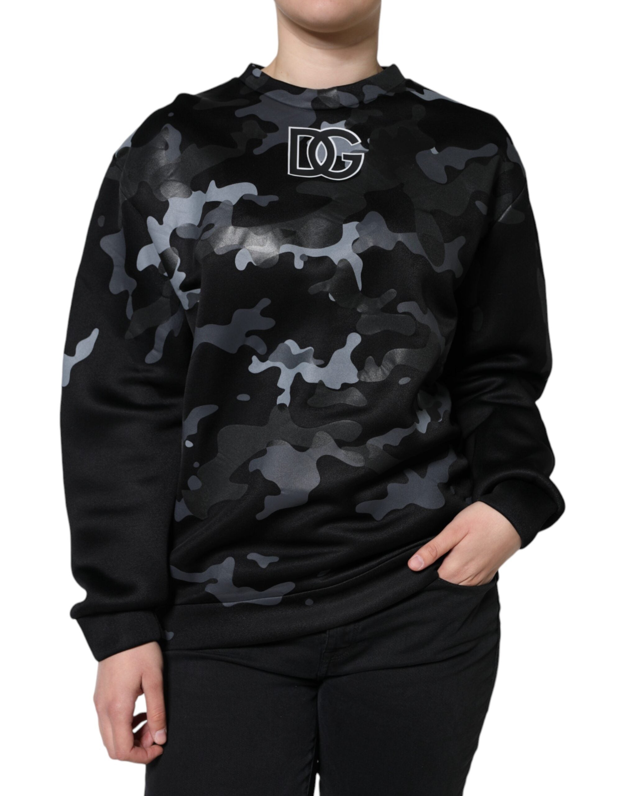 Black camouflage round neck sweatshirt from Dolce & Gabbana featuring a casual fit and bold camo pattern.