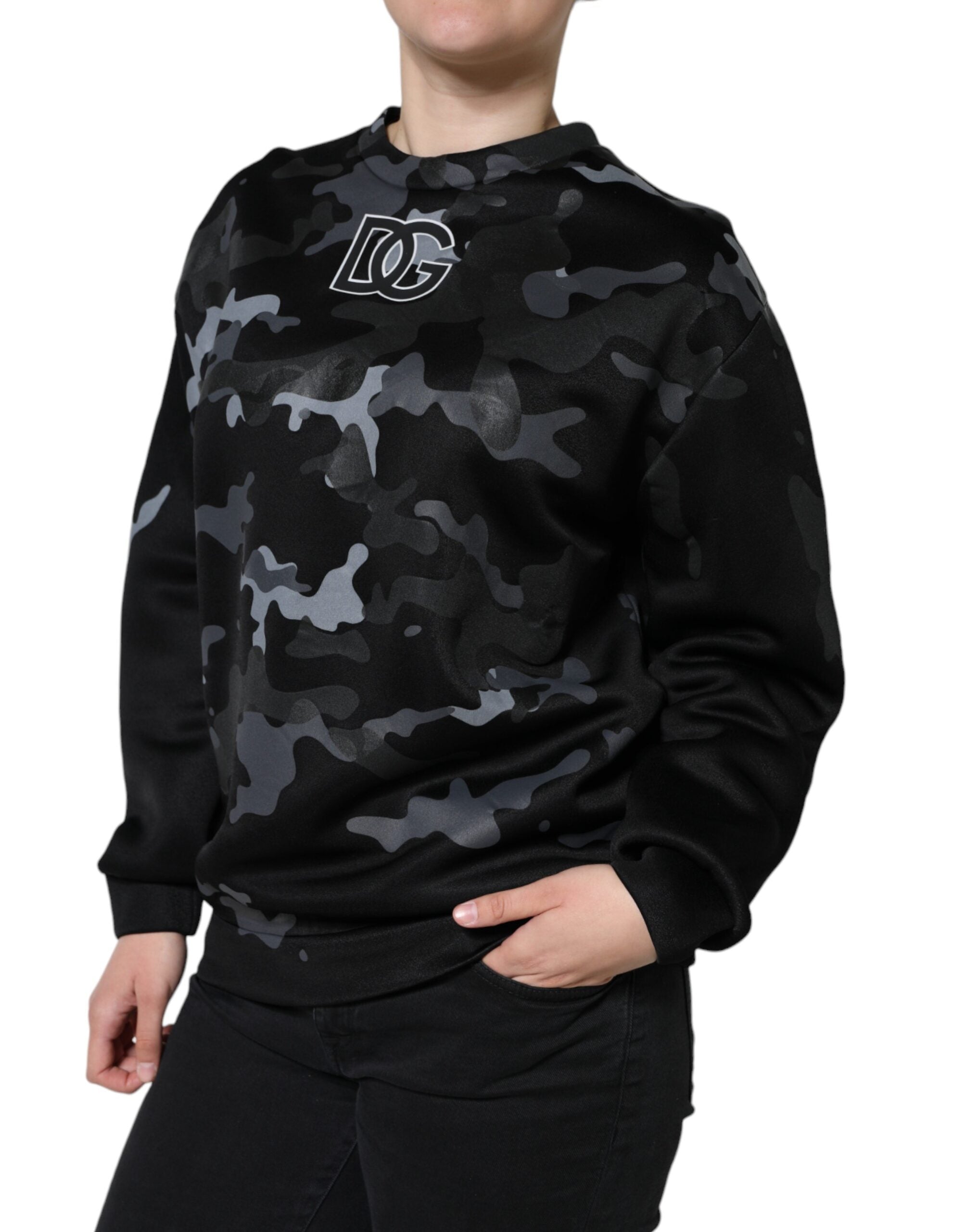 Black camouflage round neck sweatshirt by Dolce & Gabbana, featuring a comfortable fit and stylish camouflage pattern.