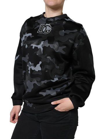 Black camouflage round neck sweatshirt by Dolce & Gabbana, featuring a comfortable fit and stylish camouflage pattern.