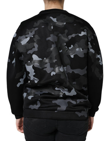 Black camouflage round neck sweatshirt by Dolce & Gabbana, featuring a casual fit and camouflage pattern, front view.