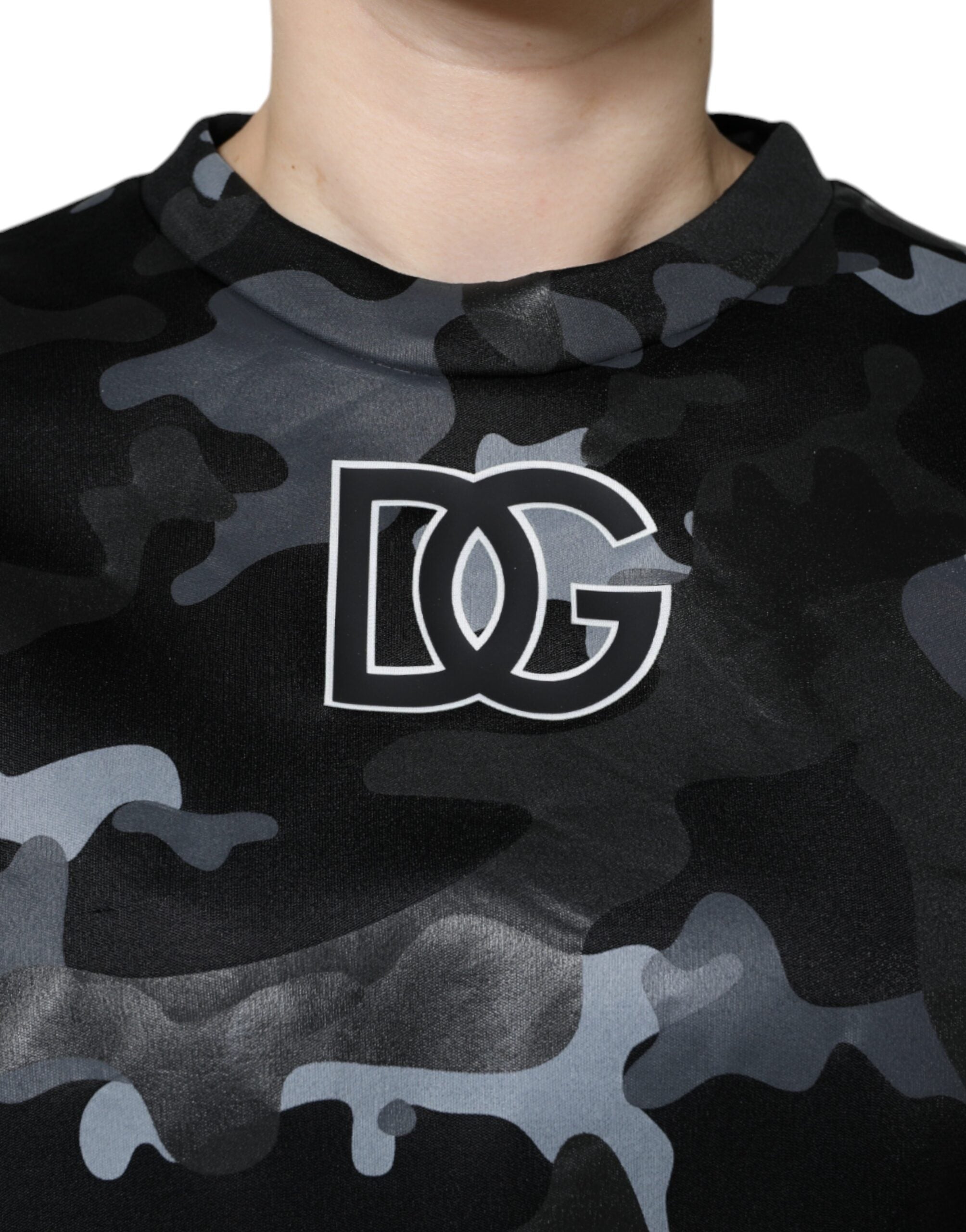 Black camouflage round neck sweatshirt by Dolce & Gabbana, showcasing a casual fit and stylish camouflage pattern.