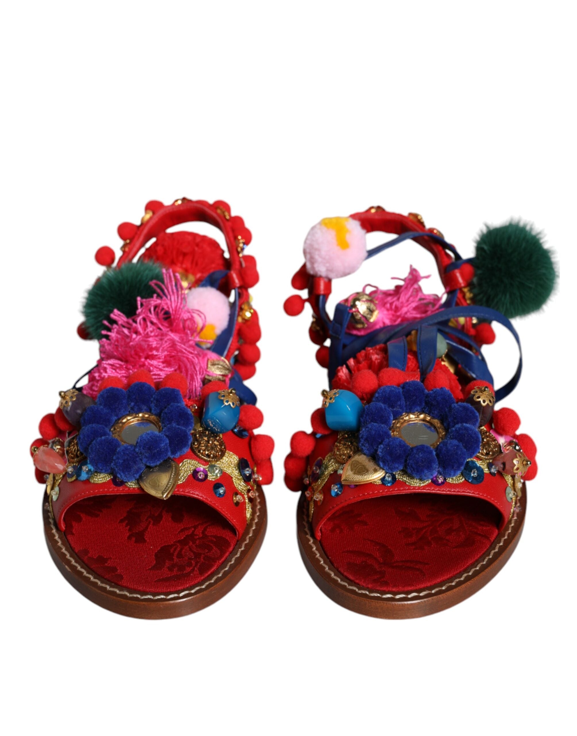 Dolce & Gabbana multicolor pom-pom fur wrap sandals with open toe and ankle strap, stylish and vibrant summer footwear.