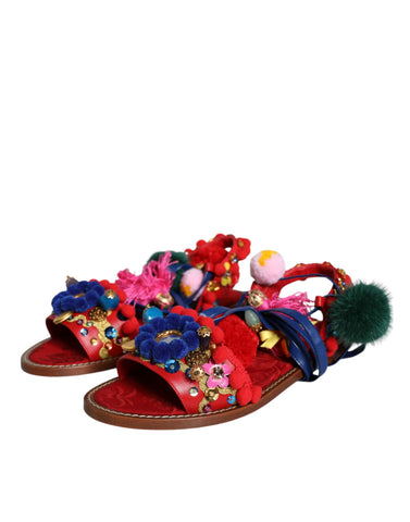 Dolce & Gabbana multicolor pom pom fur wrap sandals with open toe and ankle strap, stylish and vibrant footwear.