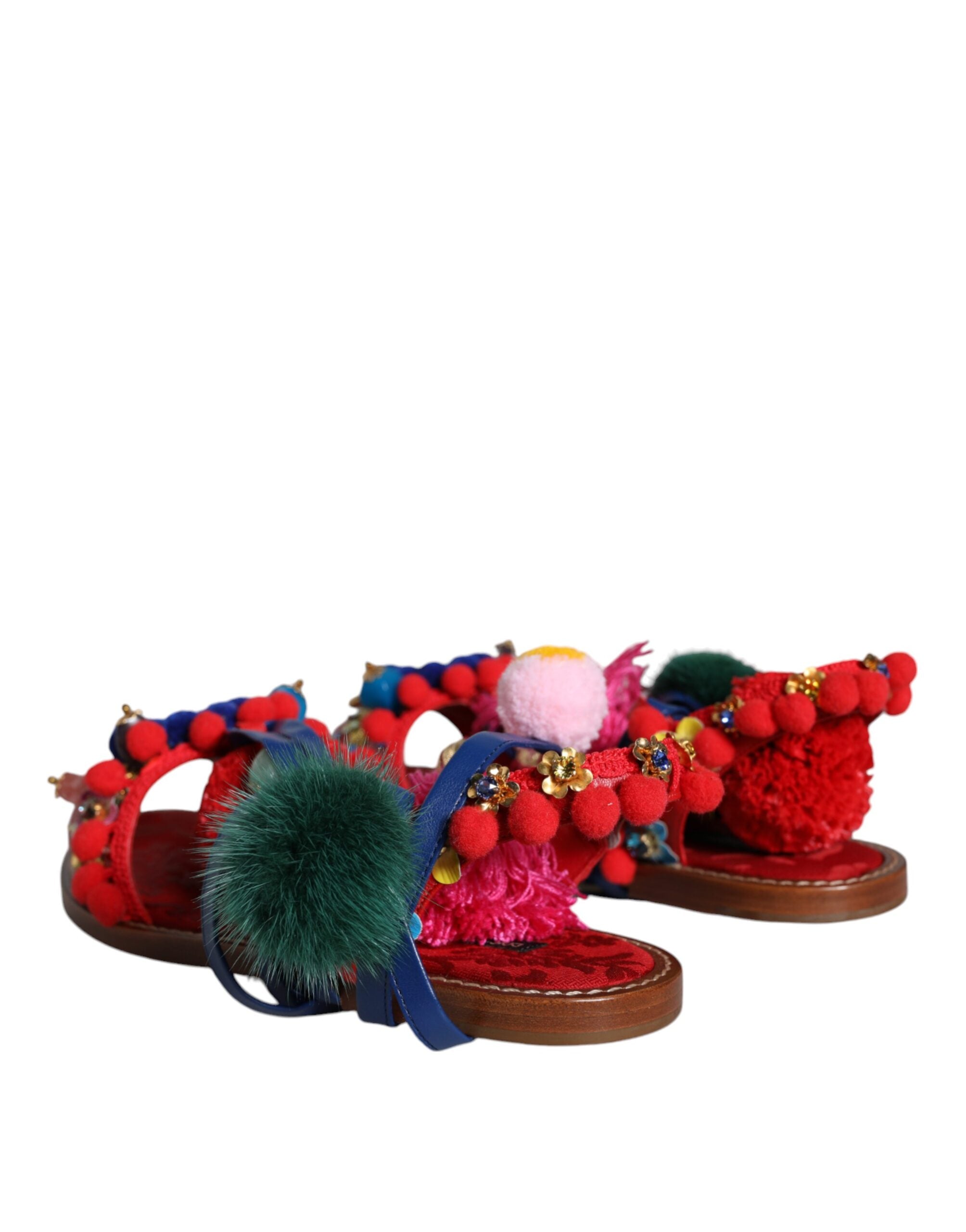 Dolce & Gabbana multicolor pom pom fur wrap sandals with open toe and chunky heel, stylish and vibrant summer footwear