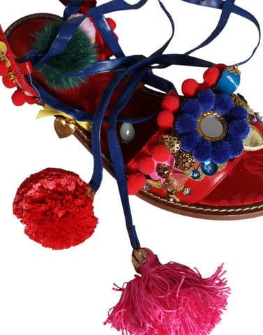 Dolce & Gabbana multicolor pom pom fur wrap sandals with chunky heels and open toe design, stylish and vibrant footwear.