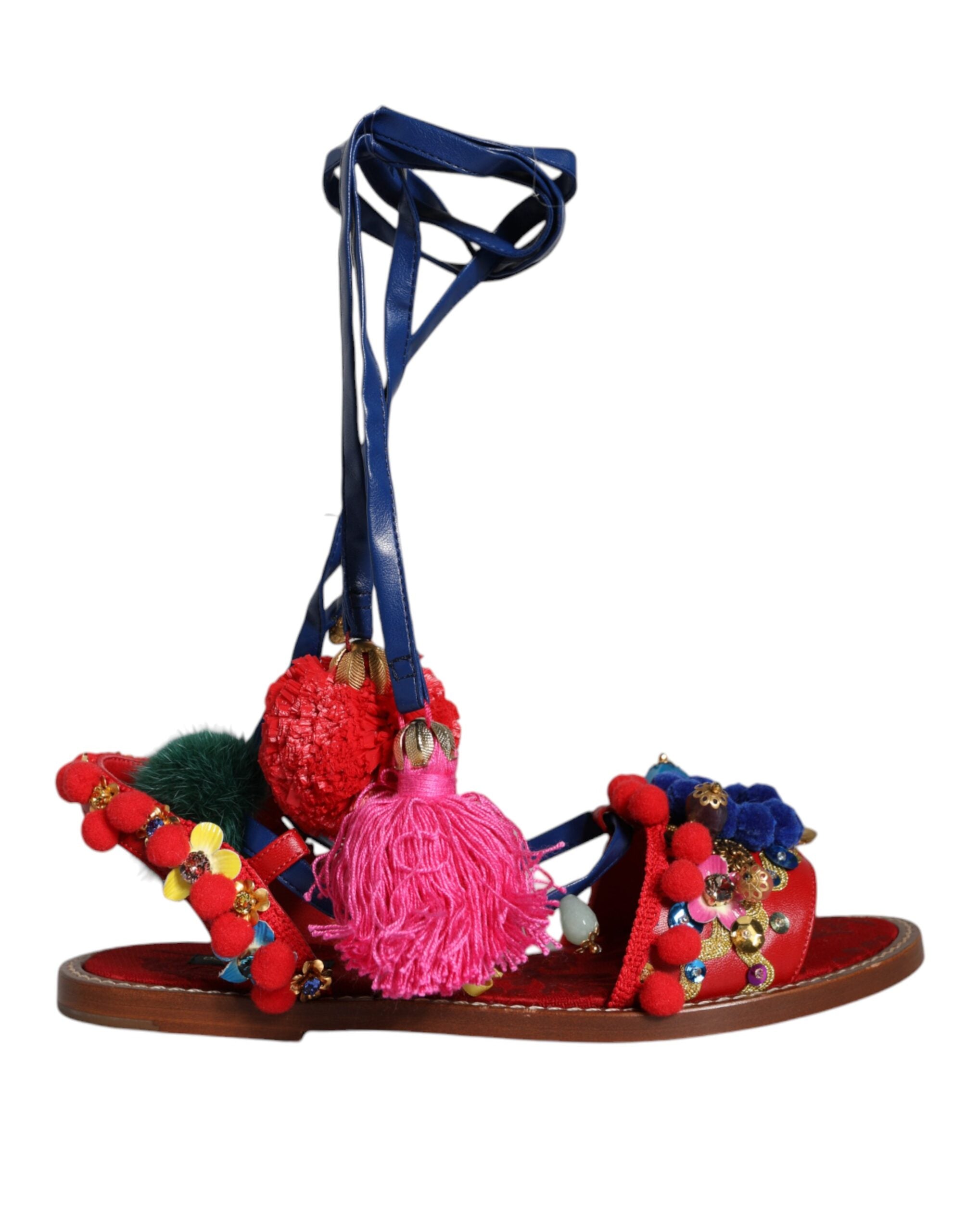 Dolce & Gabbana multicolor pom pom fur wrap sandals with chunky heels and open toe design.