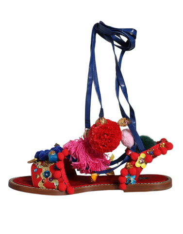 Multicolor pom pom fur wrap sandals by Dolce & Gabbana featuring vibrant fur pom poms and stylish open-toe design.