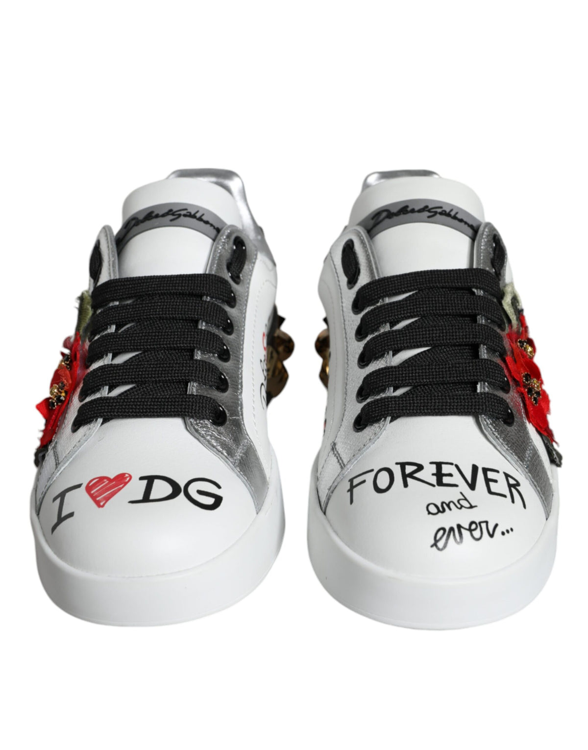 White leather floral studded sneakers from Dolce & Gabbana, featuring a stylish design with decorative floral details and studs.