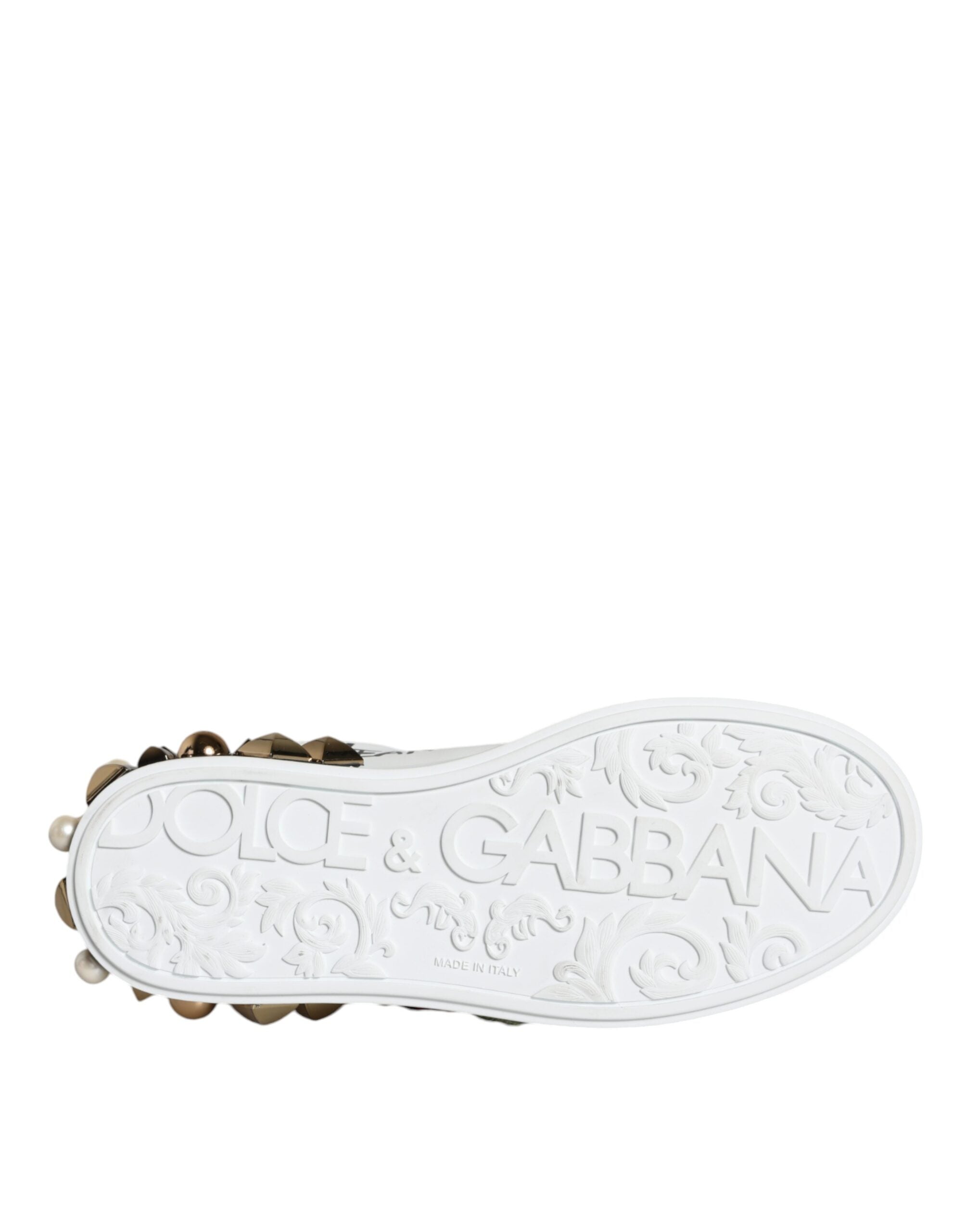 White leather floral studded sneakers by Dolce & Gabbana with decorative floral and stud accents, casual footwear for women.