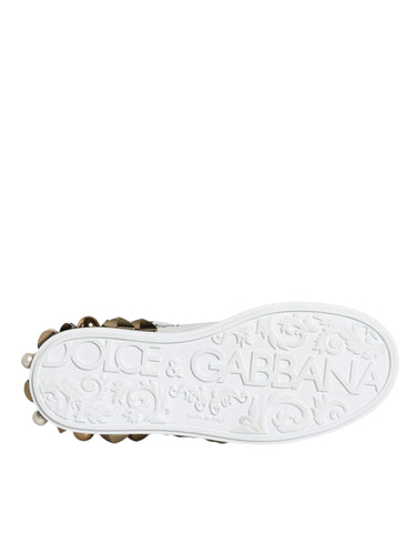 White leather floral studded sneakers by Dolce & Gabbana with decorative floral and stud accents, casual footwear for women.