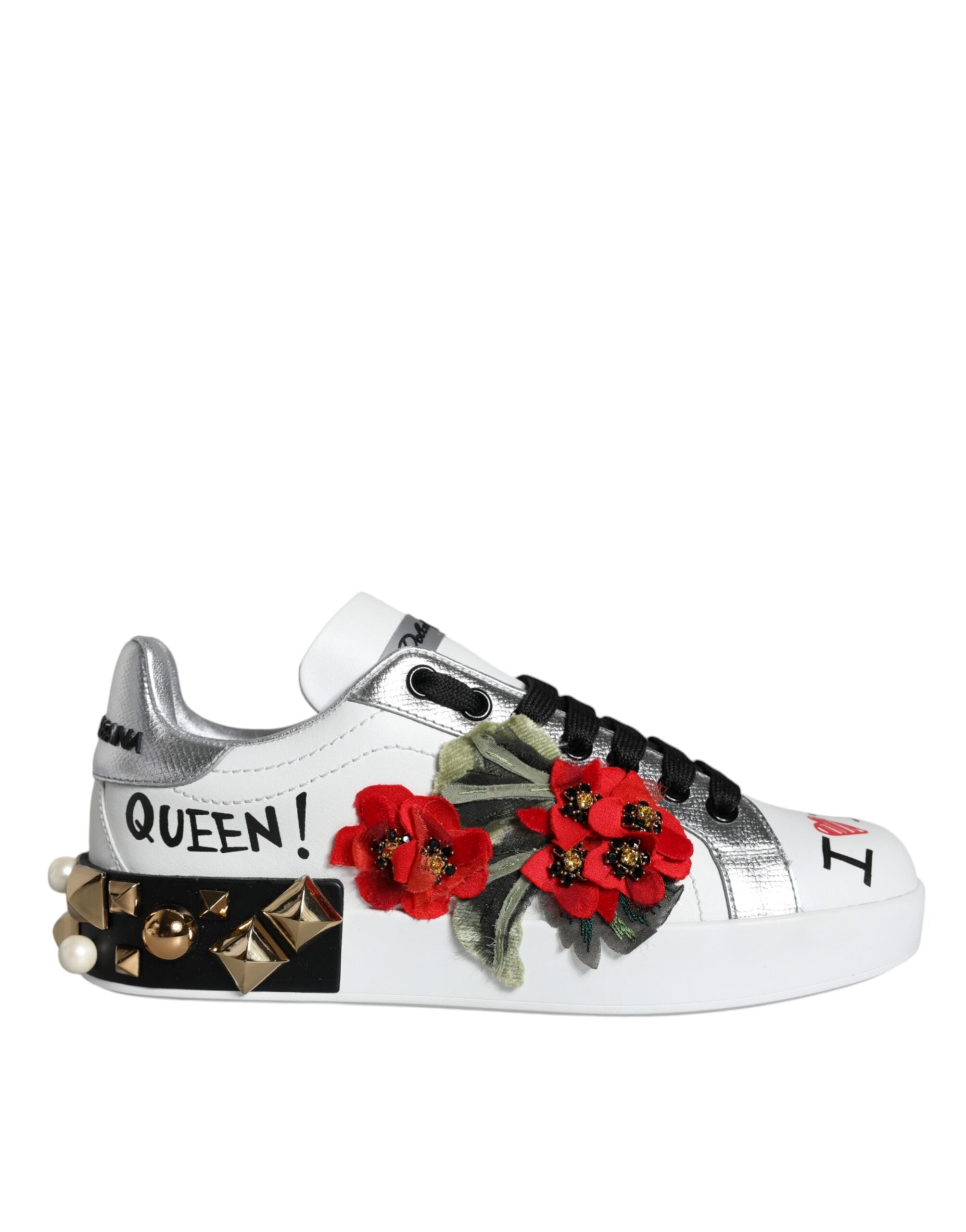 White leather floral studded sneakers by Dolce & Gabbana with decorative flower details and casual sneaker design.