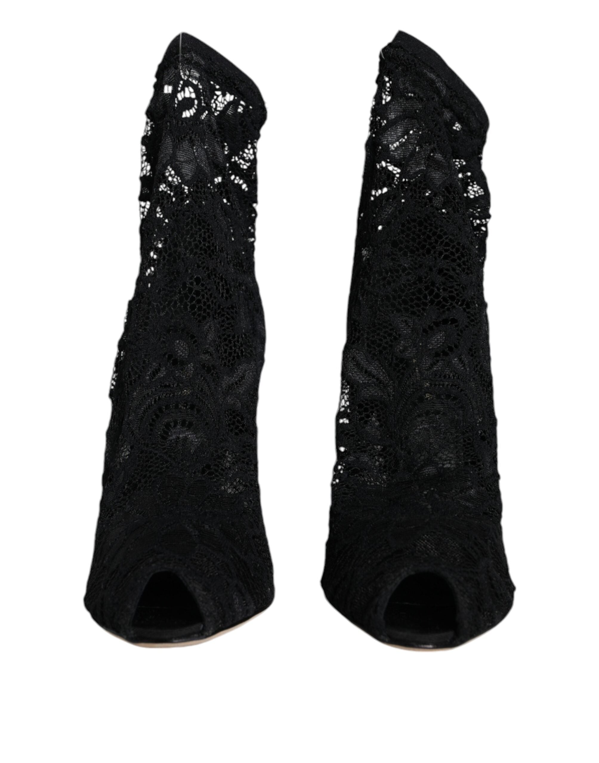 Dolce & Gabbana black lace stretch mid-calf heel boots with elegant design and intricate lace details.