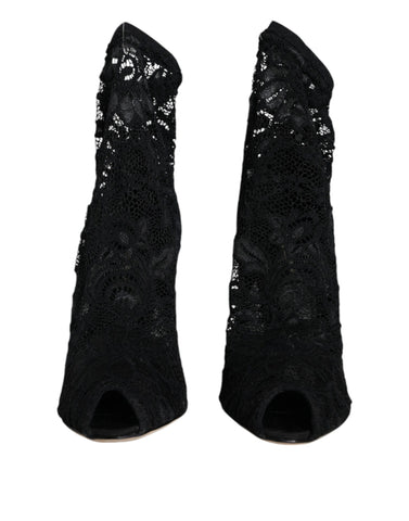 Dolce & Gabbana black lace stretch mid-calf heel boots with elegant design and intricate lace details.