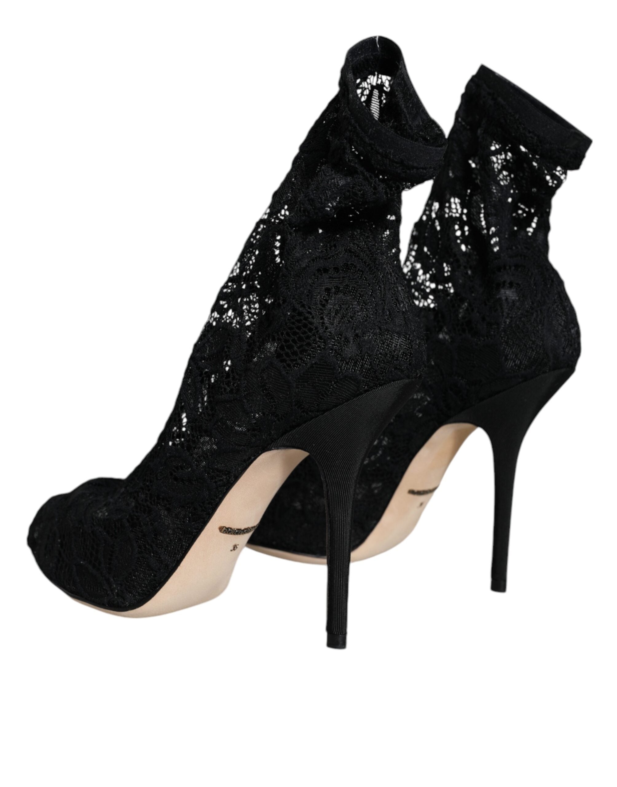 Black lace stretch heel mid-calf boots by Dolce & Gabbana featuring elegant lace details and a sleek stiletto heel.