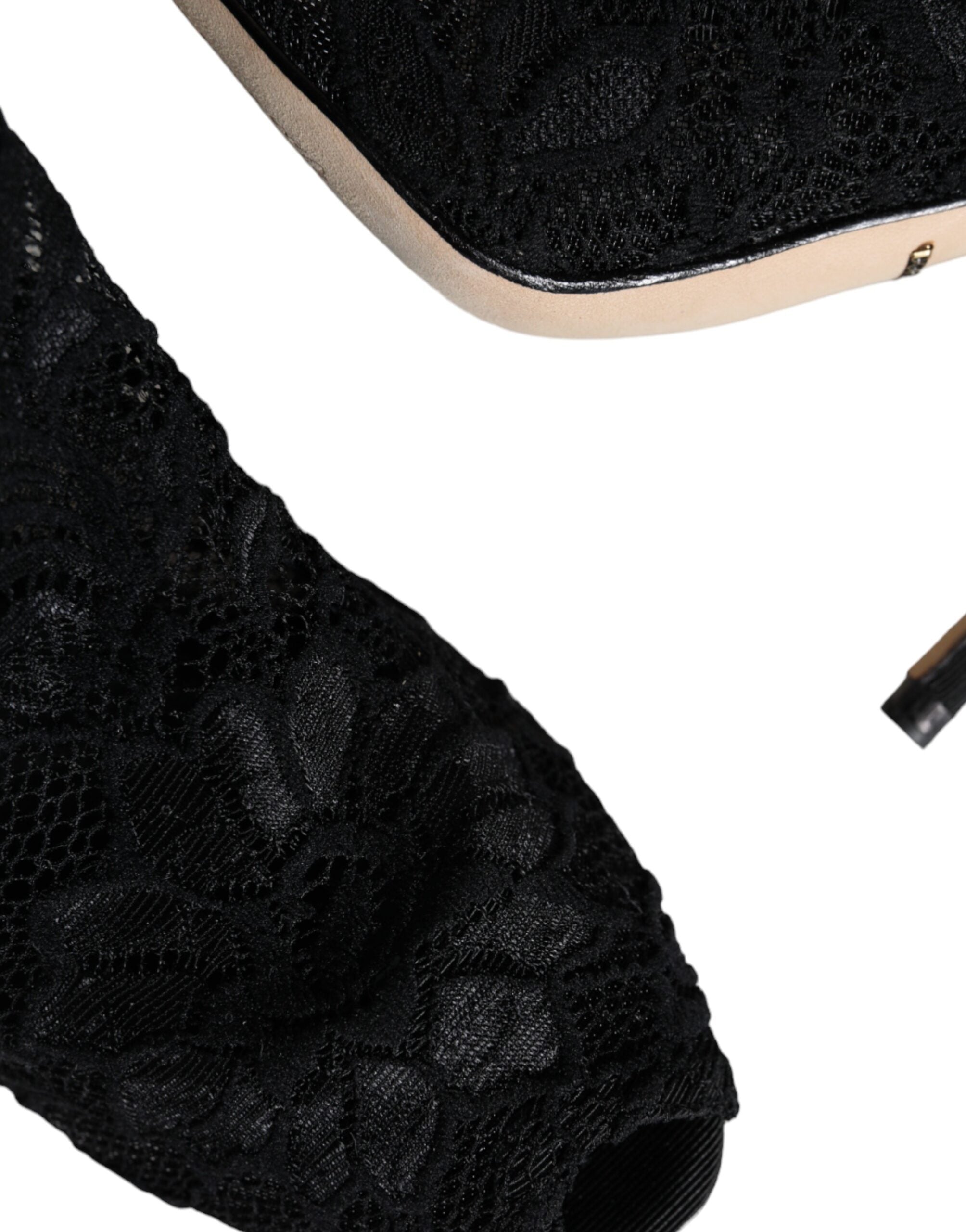 Black lace stretch heel boots with mid-calf length from Dolce & Gabbana, featuring elegant design and strappy details.