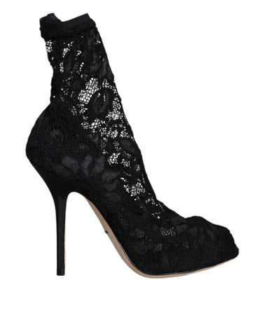 Black lace stretch heels by Dolce & Gabbana, mid-calf boot shoes with elegant lace details and sleek heel design.
