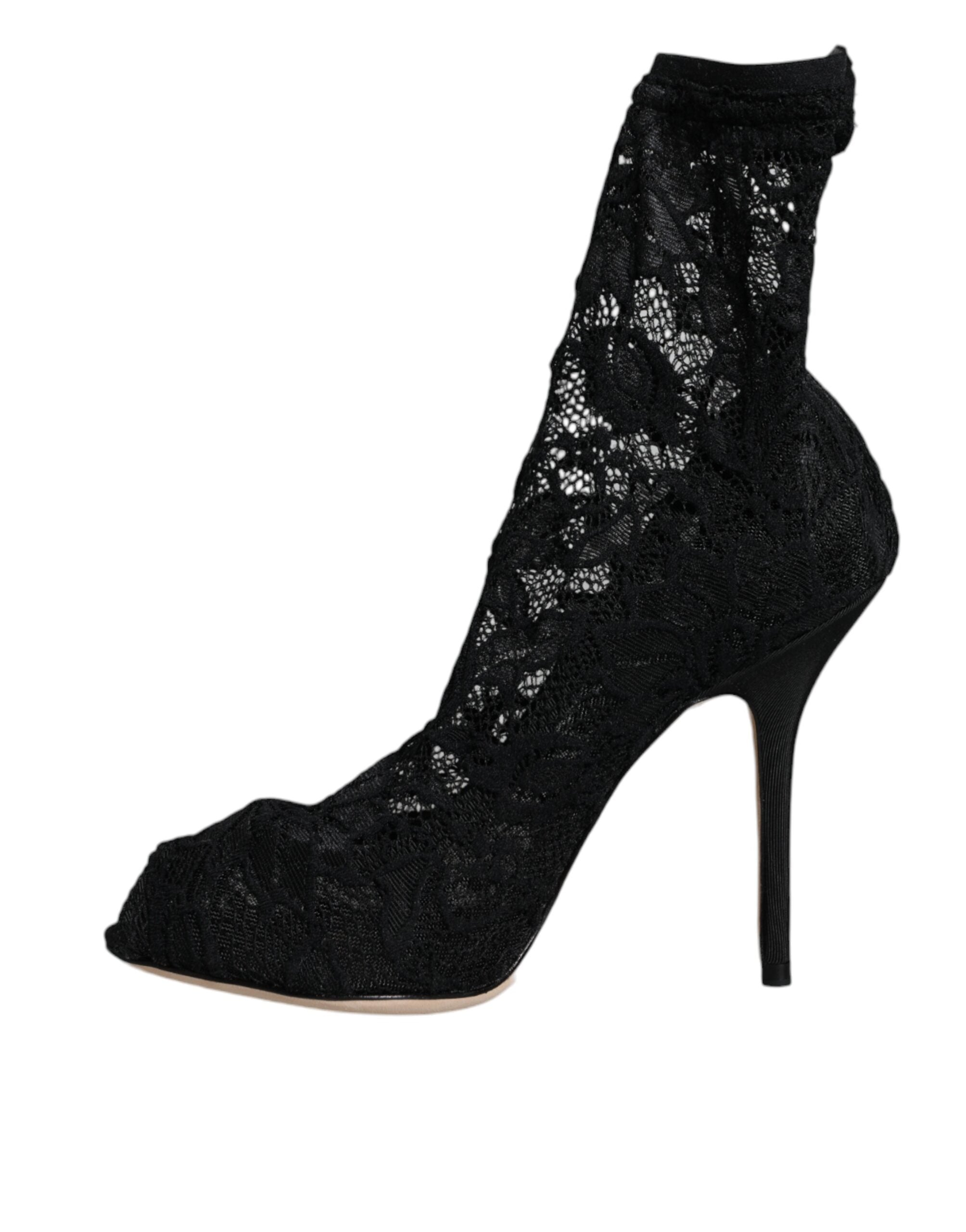 Black lace stretch heel mid calf boot shoes by Dolce & Gabbana with elegant lace detail and sleek high heel design.