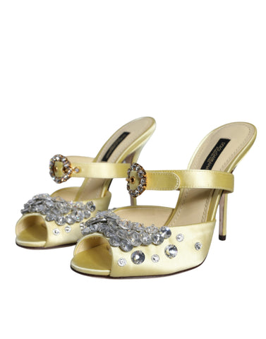 Yellow satin Mary Jane crystal sandals from Dolce & Gabbana with a classic strap design and decorative embellishments.