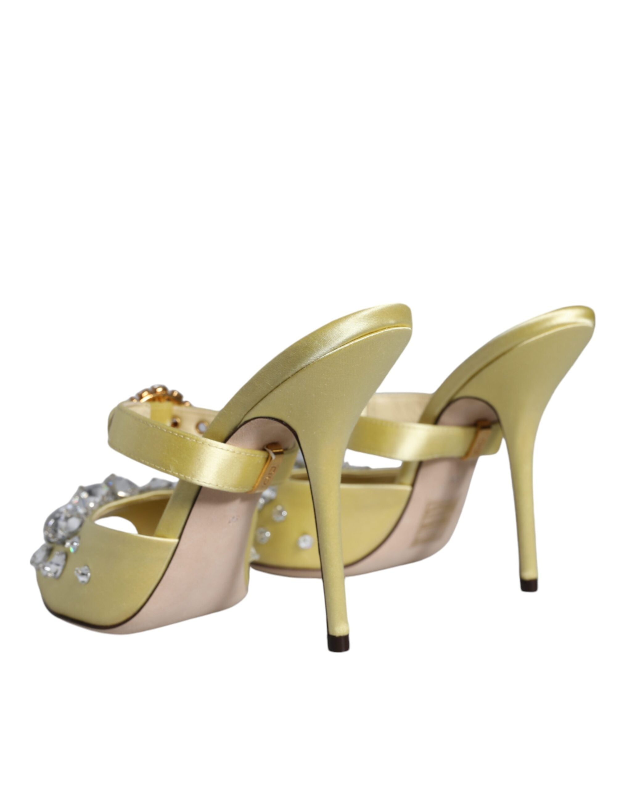 Yellow satin Mary Jane crystal sandals by Dolce & Gabbana, featuring a classic strap design and sparkling embellishments.
