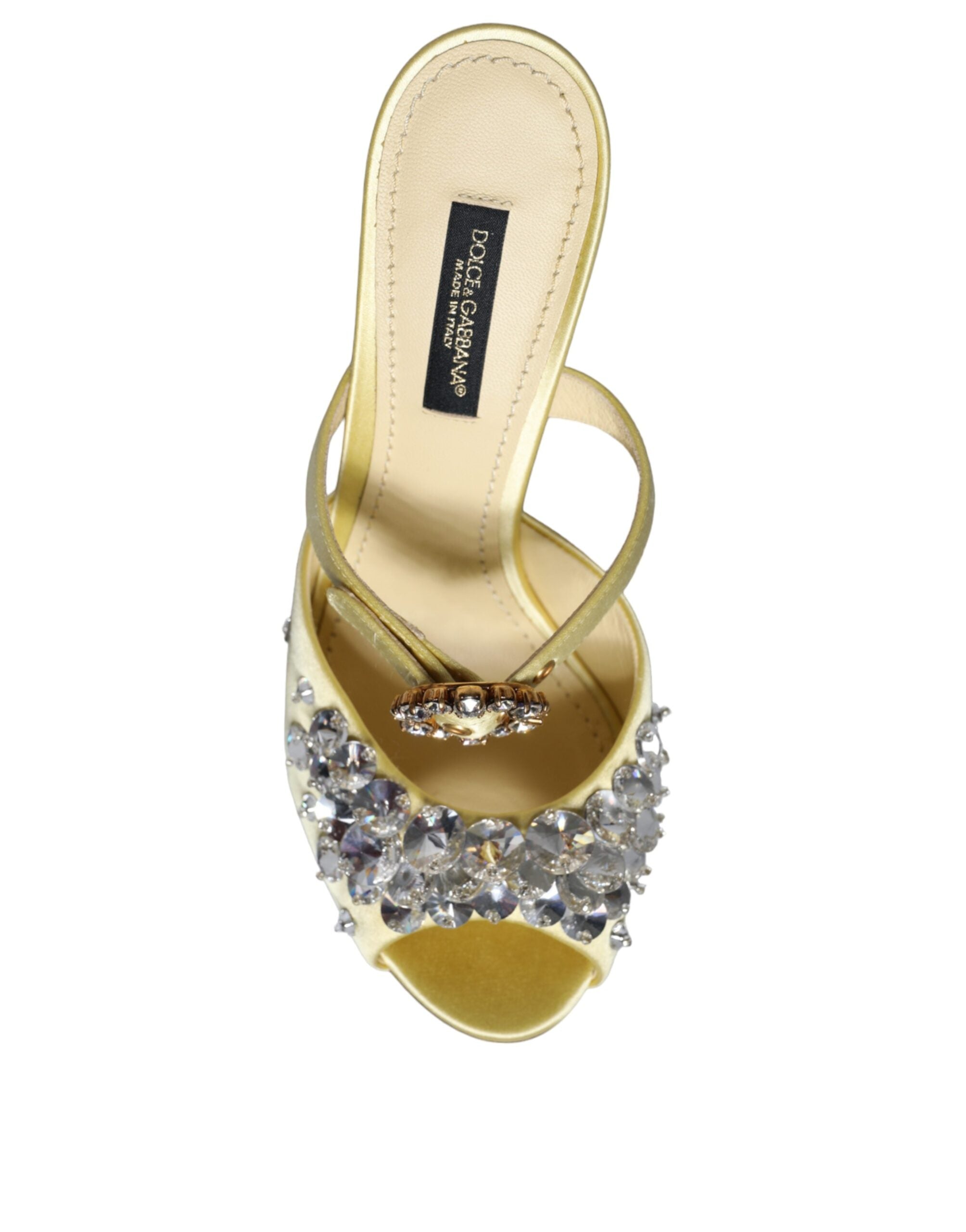 Yellow satin Mary Janes with crystal embellishments, Dolce & Gabbana shoes, featuring a classic strap and elegant design.