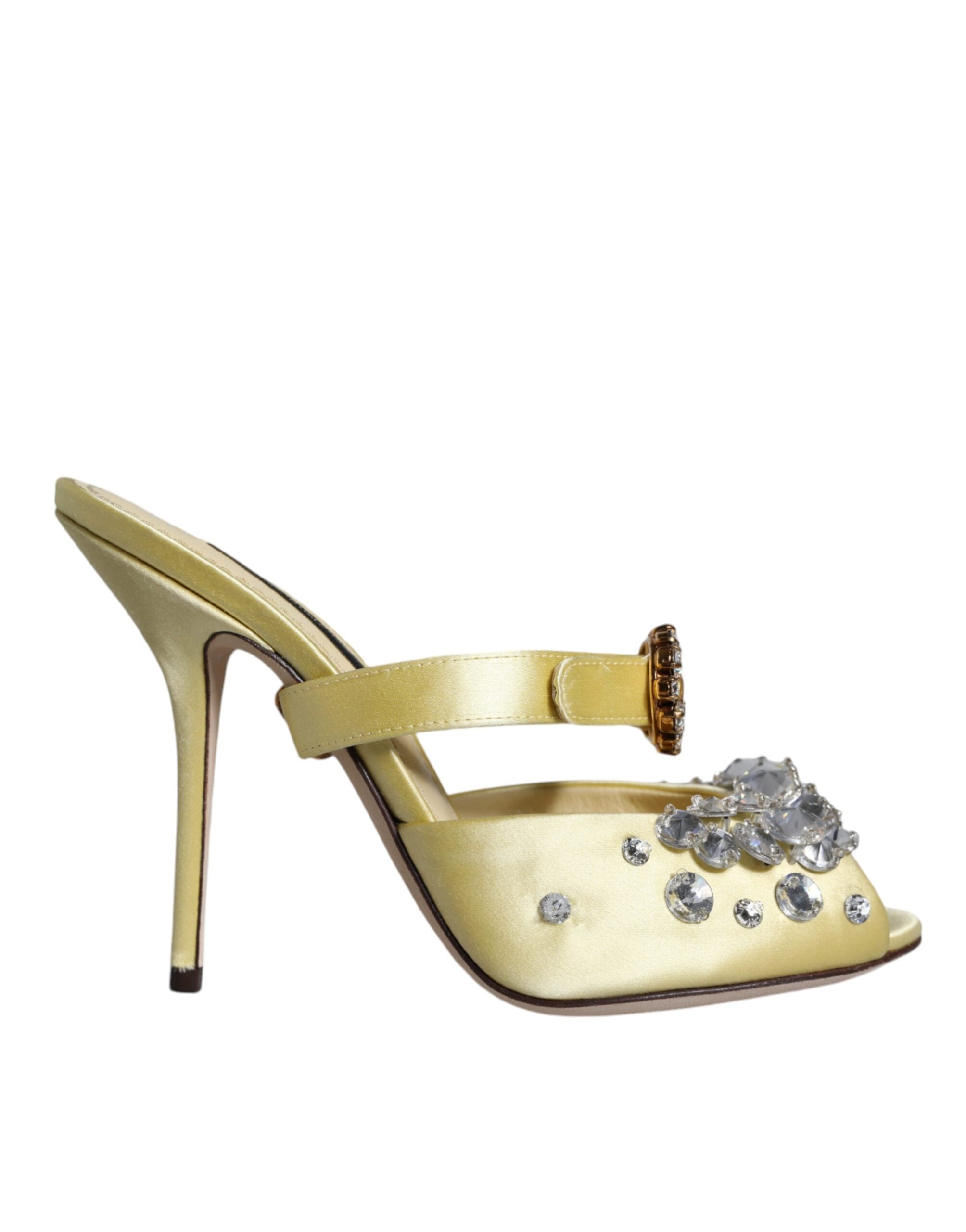 Yellow satin Mary Jane crystal sandals by Dolce & Gabbana with bow detail and low heel, perfect for elegant occasions.
