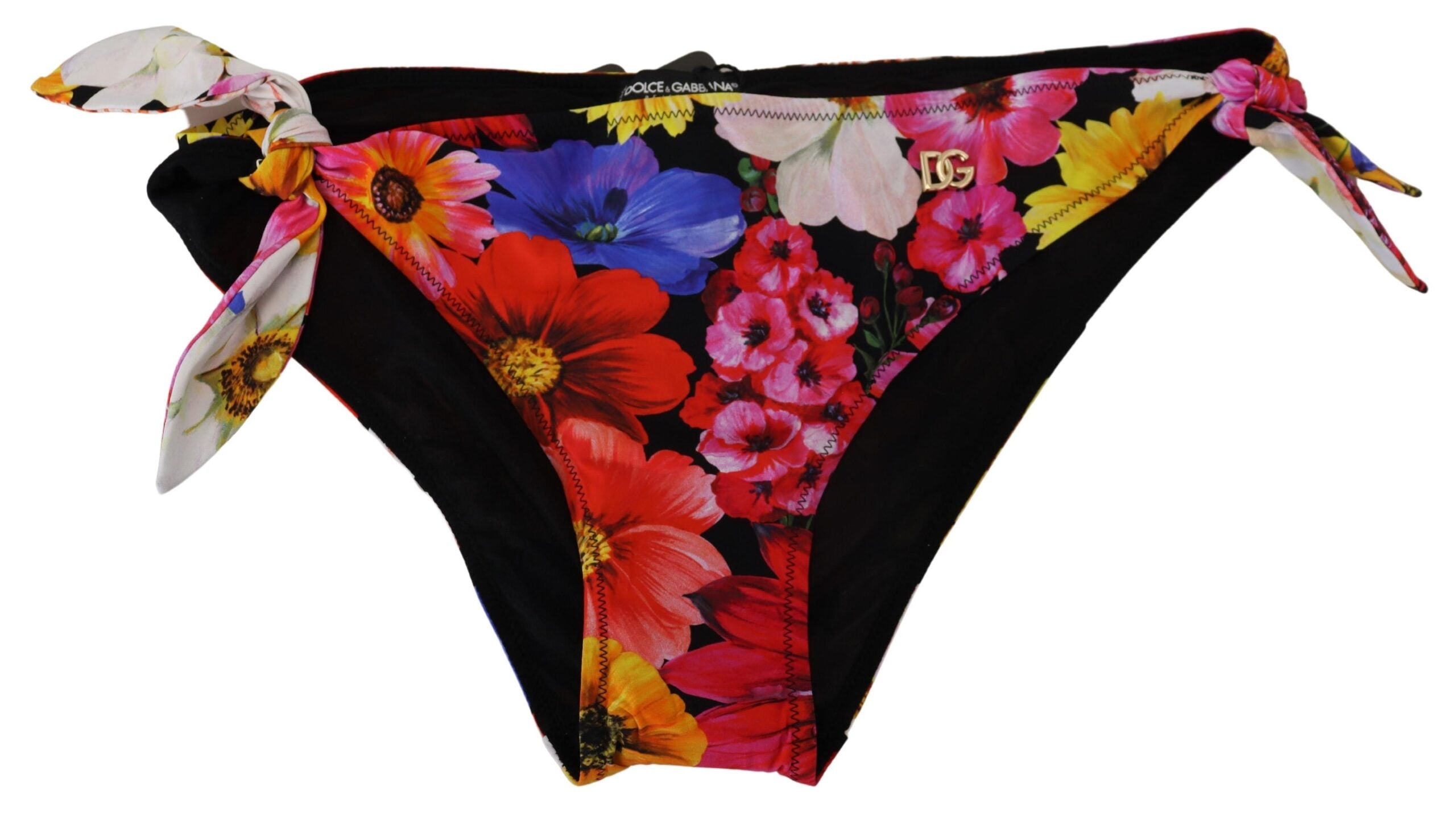 Black floral print Dolce & Gabbana bikini bottom with adjustable side ties, designed for stylish swimwear.