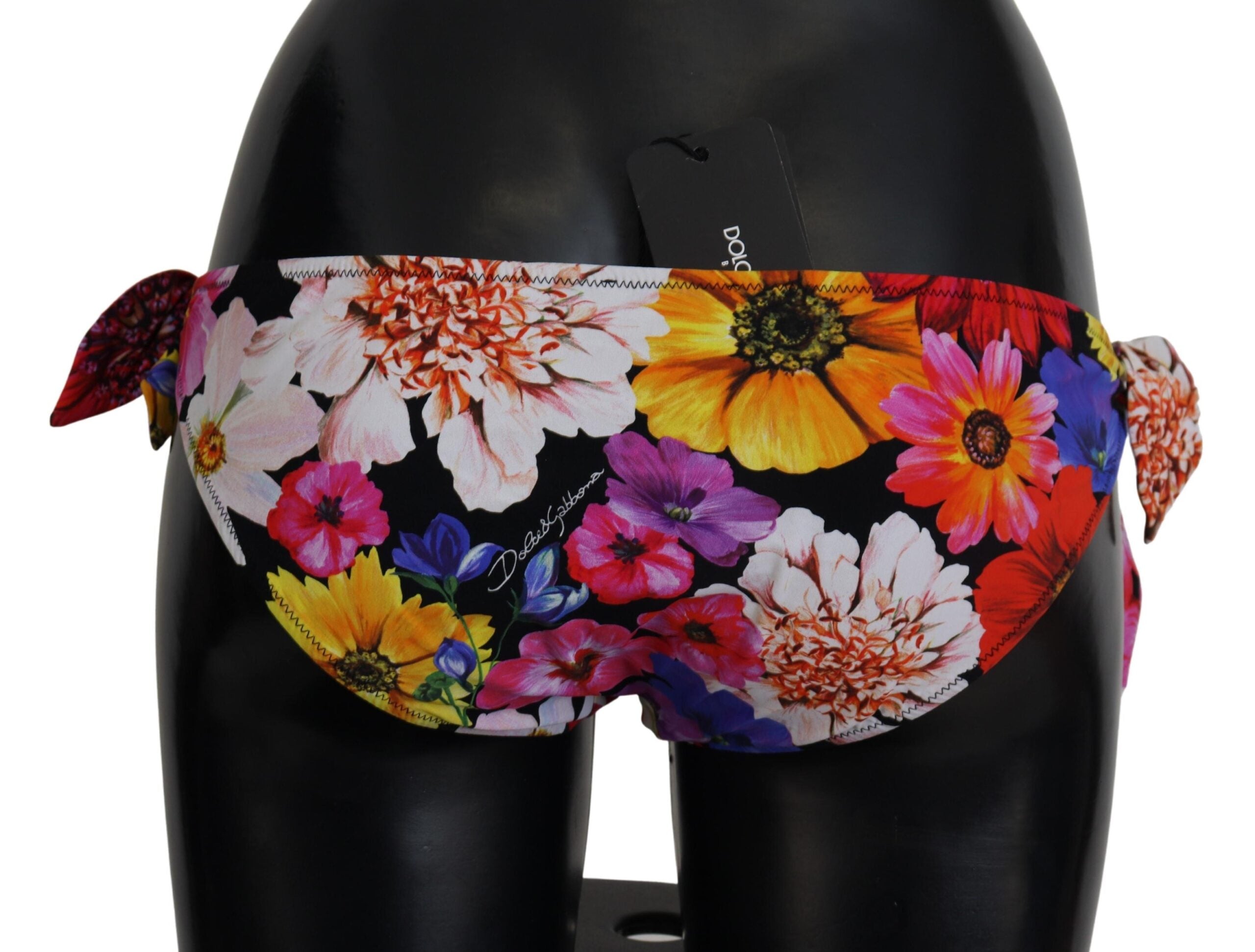 Black floral print bikini bottom from Dolce & Gabbana swimwear, showcasing a stylish floral design and comfortable fit.