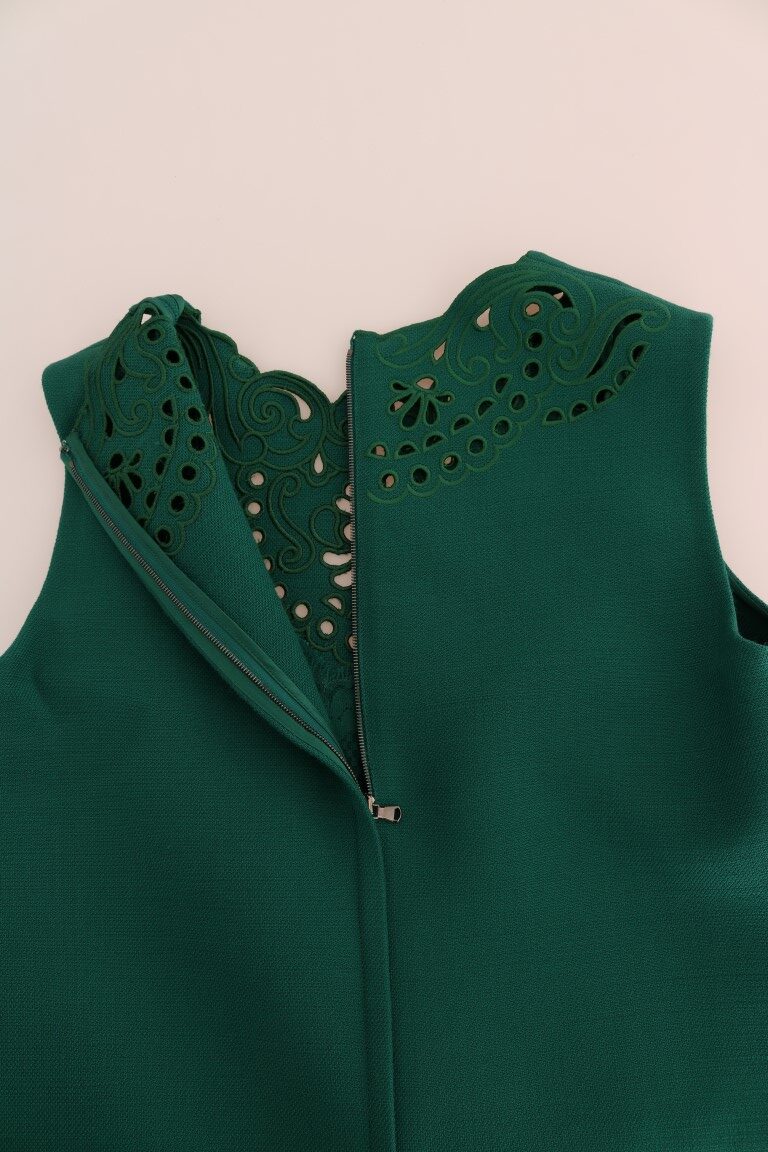 Green floral silk wool dress with cutout details by Dolce & Gabbana, shown from a rotated angle.