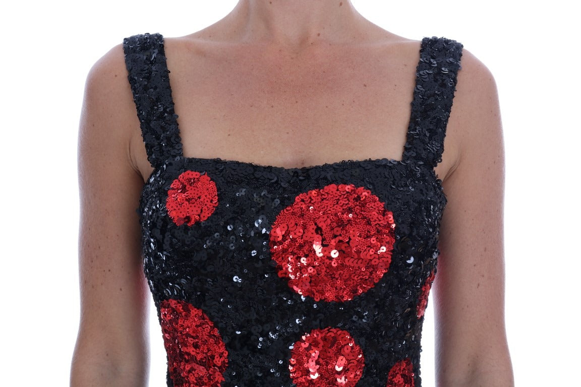 Black and red polka sequined shift dress by Dolce & Gabbana featuring a fitted silhouette and vibrant pattern.