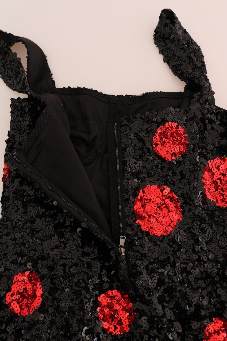 Black and red polka sequined shift dress by Dolce & Gabbana, featuring a stylish, fitted silhouette with sparkling embellishments.
