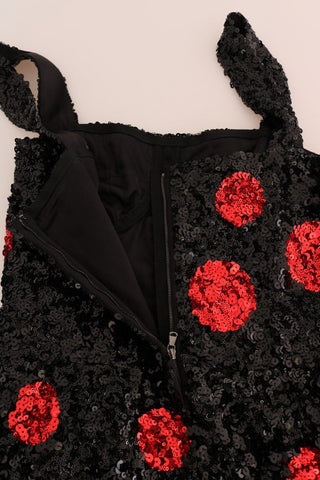 Black and red polka sequined shift dress by Dolce & Gabbana, featuring a stylish, fitted silhouette with sparkling embellishments.