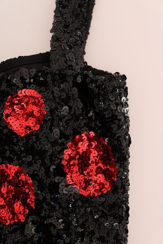 Black and red polka sequined shift dress by Dolce & Gabbana, featuring a stylish, fitted silhouette with shimmering embellishments.