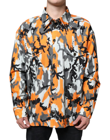 Multicolor camouflage cotton denim jacket with a collared design by Dolce & Gabbana, featuring a stylish and trendy look.