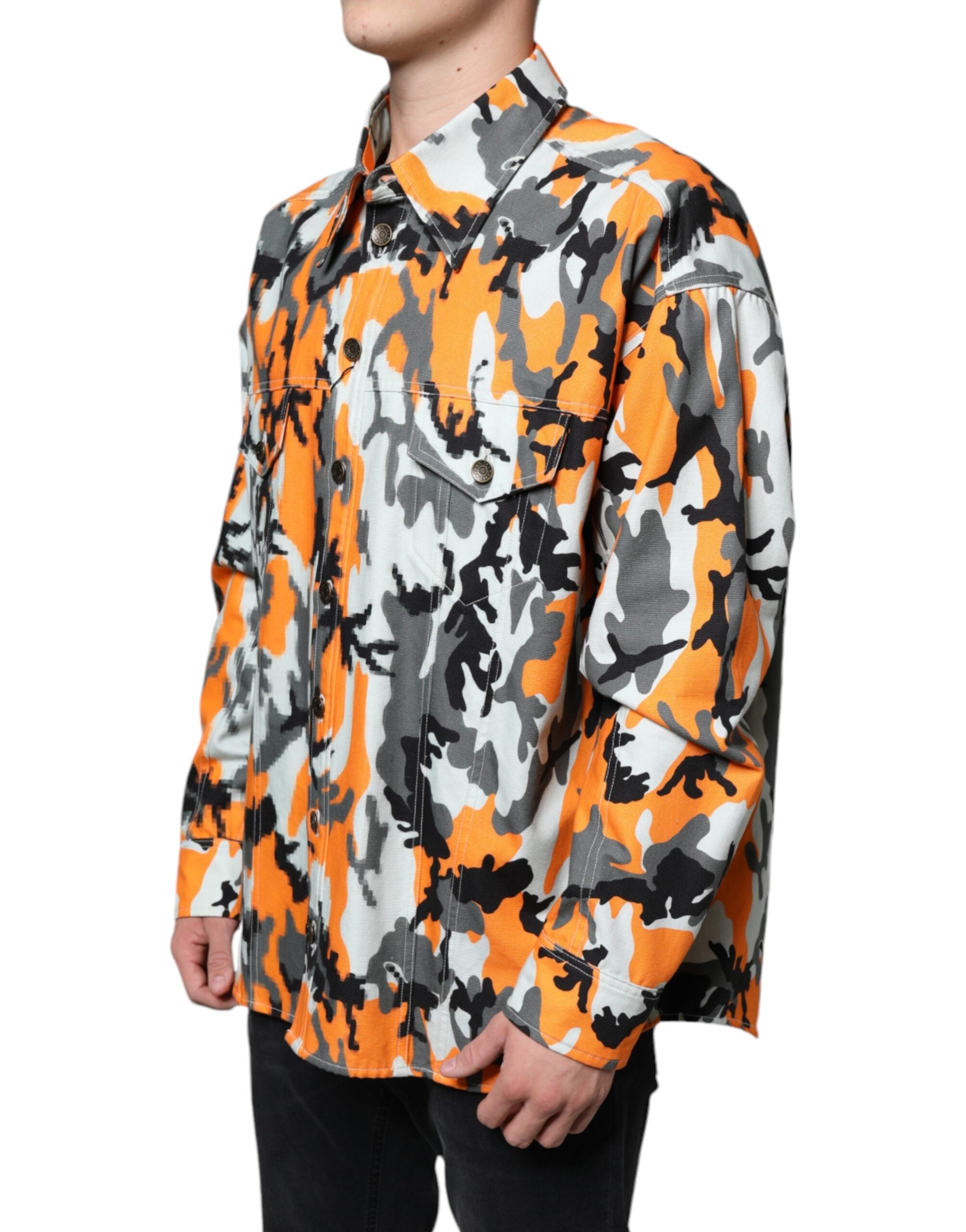 Multicolor camouflage cotton denim jacket with a collar from Dolce & Gabbana, featuring vibrant camo patterns and classic denim details.